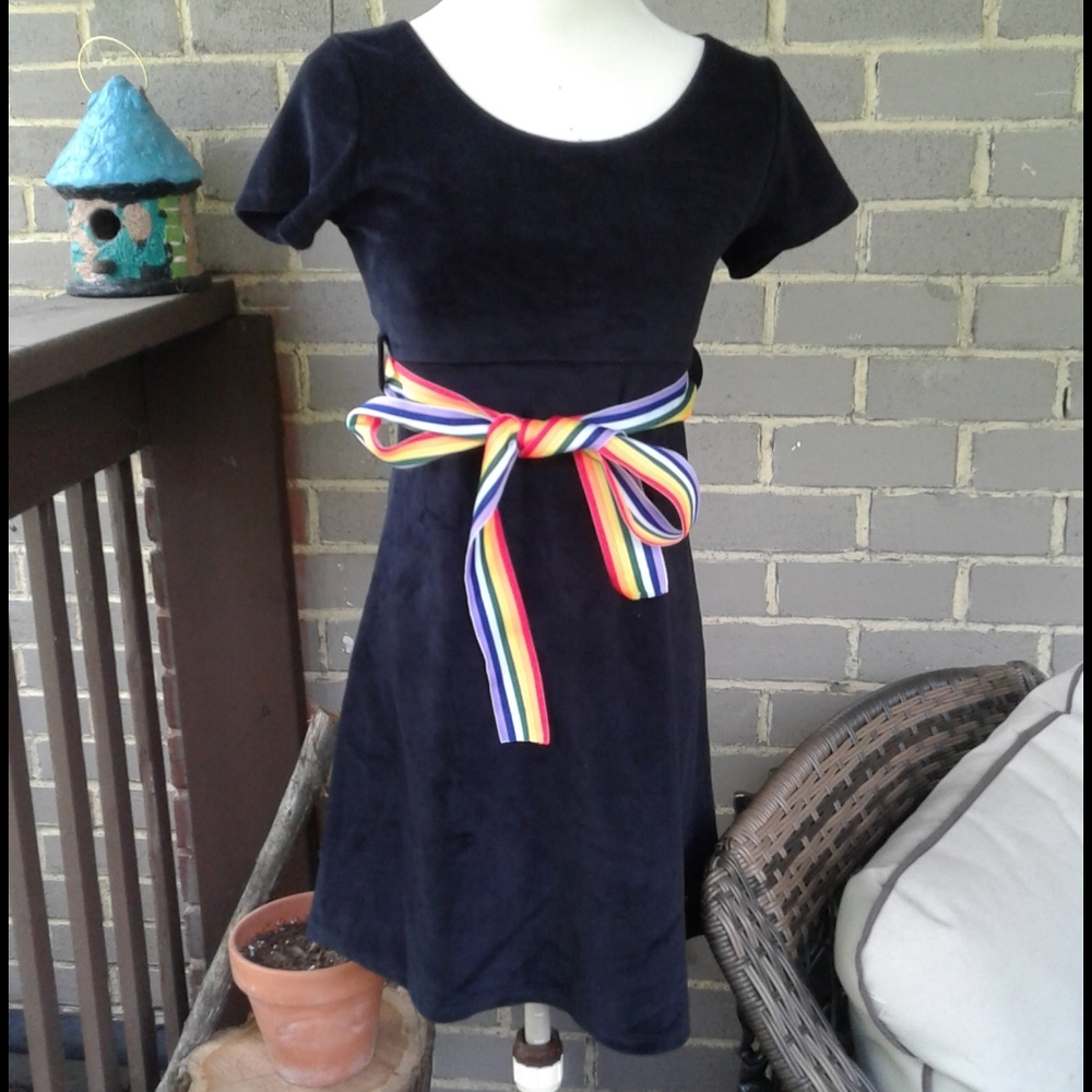 Delias black velvet dress with rainbow waist tie
